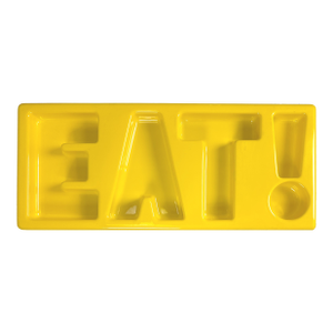 Vintage 1970s Arthur Umanoff "Chatter Platter" Eat! Snack Tray for Custom Merchandise Corp Yellow Plastic Typography Serving Dish