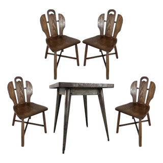 (4) Brutalist Oak Chairs Chalet-Style (After Puydt) + Steel Tolix Game Table, Set of 5 Pieces For Sale