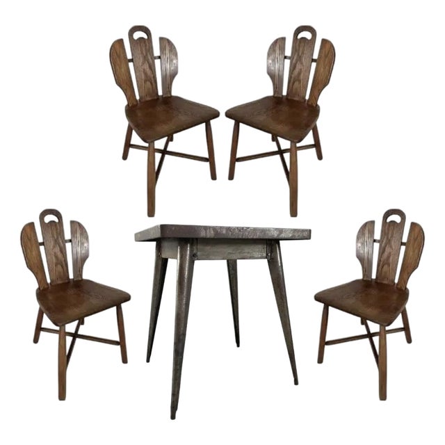 (4) Brutalist Oak Chairs Chalet-Style (After Puydt) + Steel Tolix Game Table, Set of 5 Pieces For Sale