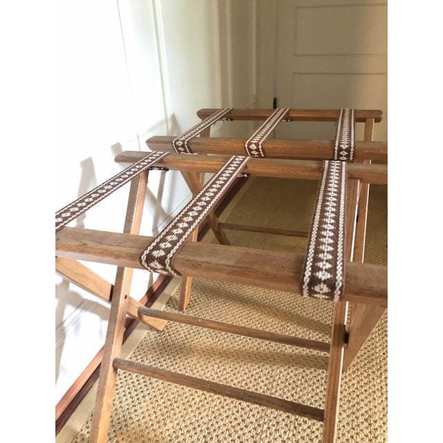 Late 20th Century Solid Oak Folding Wood Luggage Racks With Tapestry Attributed to Schreibe