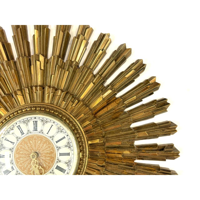 Gold Vintage Circa 1969 Syroco Mid Century Modern Starburst Wall Clock in Antique Gold Finish For Sale - Image 8 of 18