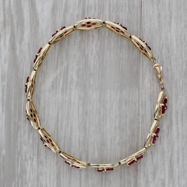 Modern 4ctw Ruby Flower Tennis Bracelet 14k Yellow Gold 7.25" 7.5mm For Sale - Image 3 of 9