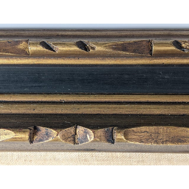 Large Vintage Carved Wood Picture Frame in Gold & Deep Blue With Cream Linen Liner For Sale - Image 9 of 15