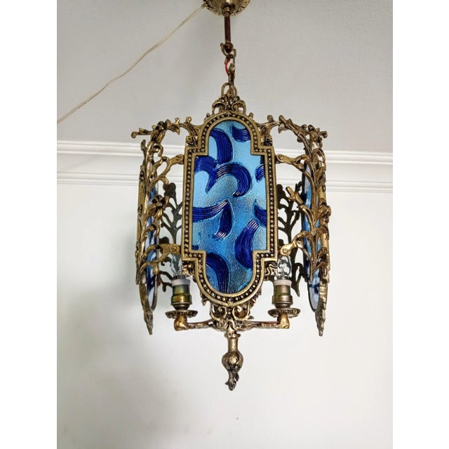 Vintage French Brass Stained Glass Style Blue Colored Chandelier Basket Ceiling Fixture For Sale - Image 11 of 11