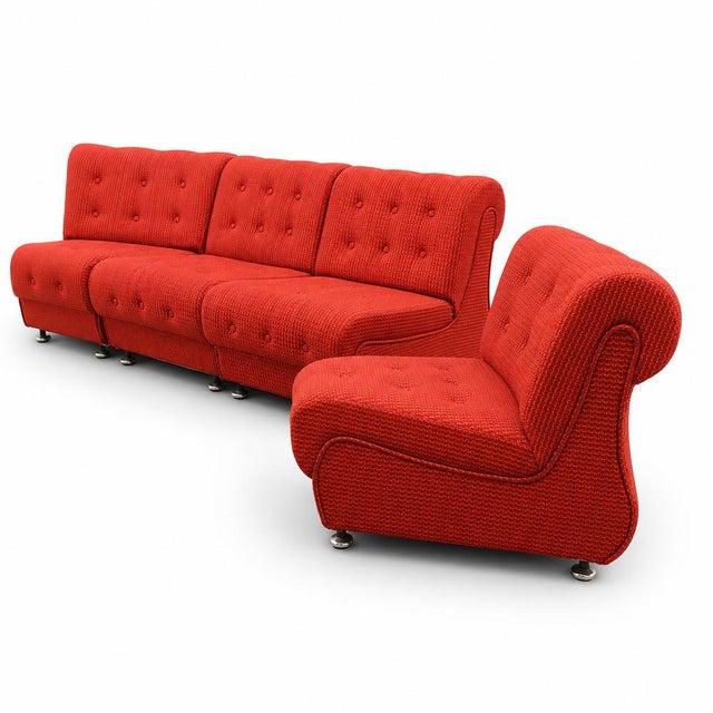 Mid-Century Modern Vintage Space Age Modular or Sectional Curved Sofa in Red Fabric, Tatra Czechoslovakia 1970s, Set of 4 For Sale - Image 3 of 17