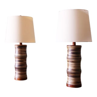 1960s Pair of Jane and Gordon Martz Table Lamps M221 Marshall Studios Green Brown Bamboo For Sale