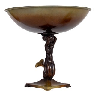 Swedish Art Deco Bronze Centerpiece Bowl on Foot with Mermaid Sculpture from Ystad-Metall, 1930s For Sale