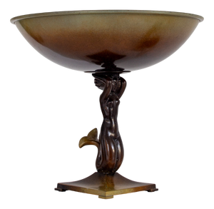 Swedish Art Deco Bronze Centerpiece Bowl on Foot with Mermaid Sculpture from Ystad-Metall, 1930s