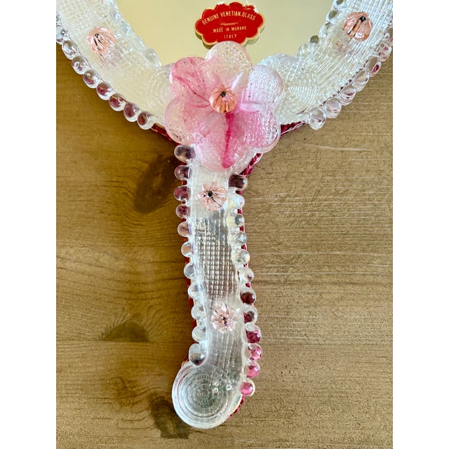 Mid-Century Modern C.1950s Vintage Italian Venetian Hand-Blown Pink Floral Murano Glass Hand Mirror For Sale - Image 3 of 9