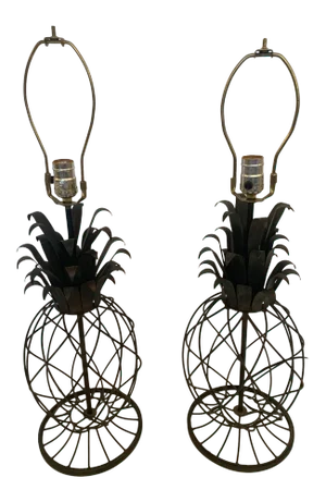 Mid-Century Modern Iron and Tole Topiary Style Pineapple Lamps -A Pair