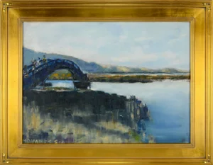1960s "Over the Bridge, Armenia" Figurative Landscape Oil Painting by Hovanessian, Framed