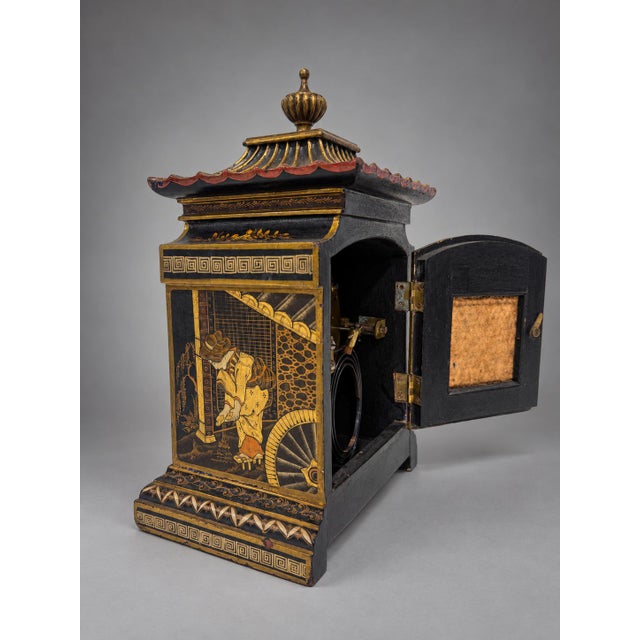 Black Edwardian Coventry Astral Chinoiserie Pagoda Mantel Clock, England, Circa 1930 For Sale - Image 8 of 11