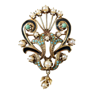 19th Century Victorian 14k-15k Gold Brooch Pin With Enamel and Pearls