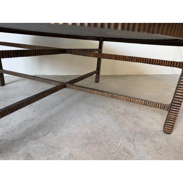 1990s Modern Donghia Sculptural Bronze Base & Ribbed Blue Lucite Coffee Table For Sale - Image 5 of 12