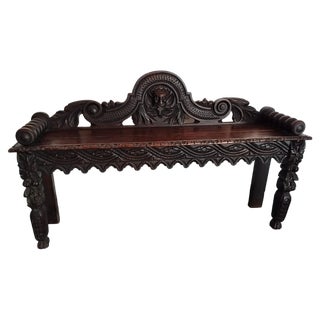 Victorian Oak Bench with Carvings, 1980s For Sale
