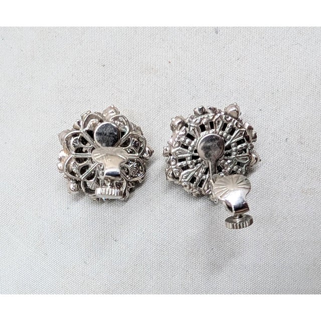 Silver Vintage 1960s Signed Vendome Rhodium Plated Clear & Faux-Garnet Clip Earrings-2 Pieces For Sale - Image 8 of 9