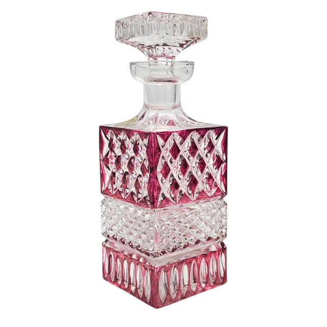 West German a & H Cranberry Cut-to-Clear Lead Crystal Whiskey Decanter 9" For Sale - Image 11 of 15