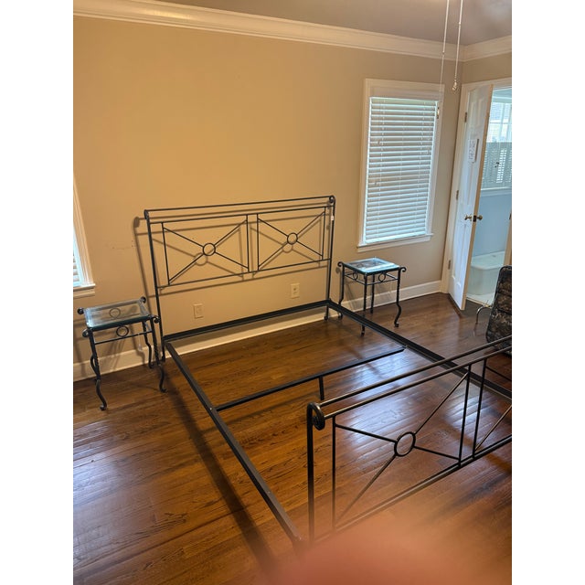 Campaign Late 20th Century Charles P. Rogers Campaign Collection Queen Iron Bed With Matching Glass-Top Nightstands For Sale - Image 3 of 3