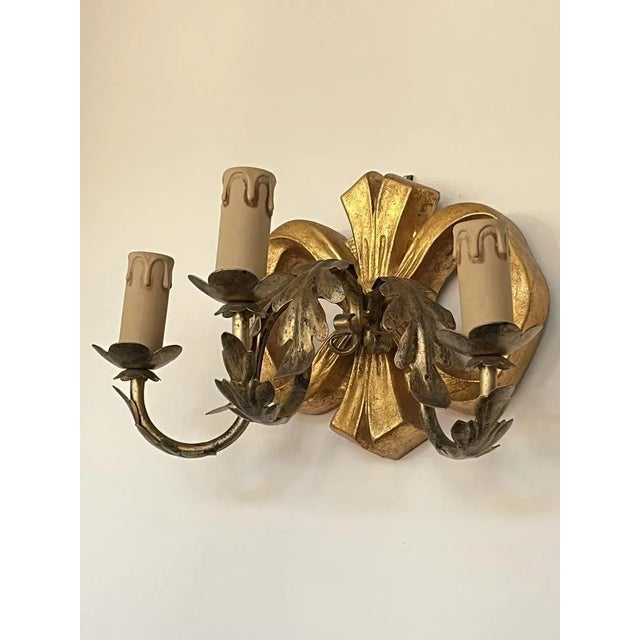 Set 7 pieces beech wood applique, three lights, Italy, 80s Found in a noble apartment, they are in excellent condition....