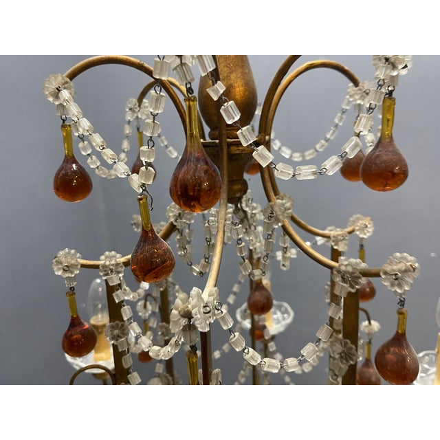 1950s Italian Florentine Giltwood and Amber Murano Glass Drop 6-Light Chandelier, 1950s For Sale - Image 5 of 15