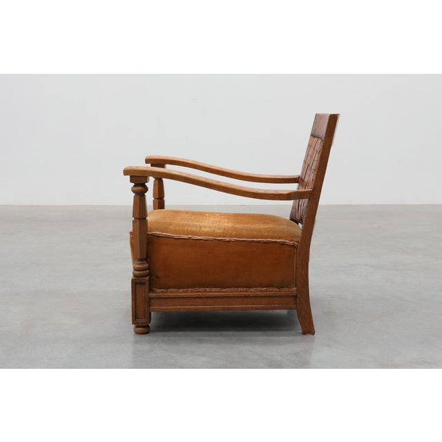 Art Deco Oak Lounge Chair with Woven Leather Back and Ochre Velvet, Belgium, 1920s For Sale - Image 4 of 15