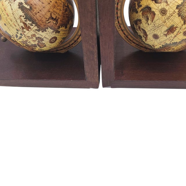 Vintage Old World Globe Bookends With Rotating Spheres and Brass Details on Wood For Sale In San Francisco - Image 6 of 12