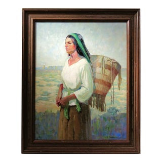 Richard Rackus, Native American Woman with Basket, Circa 1970 For Sale