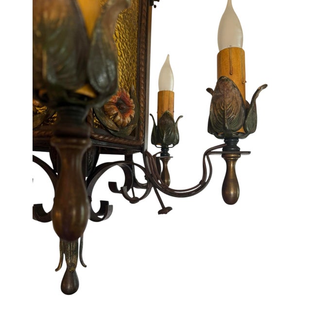 Early 20th Century Early 1900’s Original Polychrome Painted Chandelier With Flowers and Amber Glass For Sale - Image 5 of 14