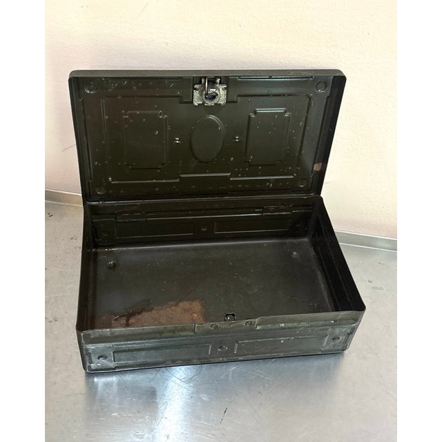 1930s-40s industrial dark green metal cash box/lock box. Some age and signs of wear to metal throughout, as shown.