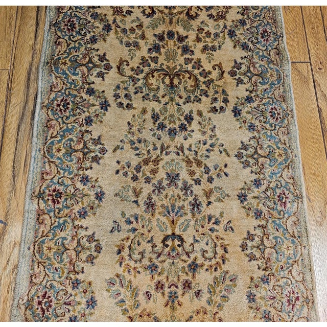 Vintage Persian Kerman Runner, Handwoven Allover Floral Pattern, Ivory & Blue, 3’ X 12’ For Sale - Image 4 of 10