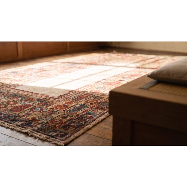 Textile 1870s Ivory Geometric Tribal Antique Turkish Oushak Ghiordes Prayer Rug 3'6" X 6'4" Handknotted Wool Carpet For Sale - Image 7 of 9