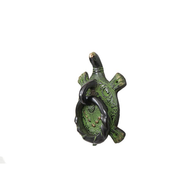 A green brass door knocker shaped like a turtle. The back is decorated with shell and feather motifs, and the knocker is...