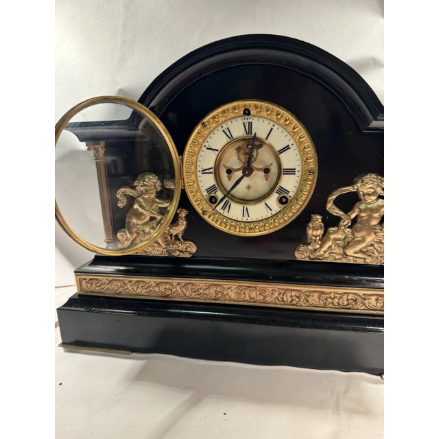 Metal Antique Ansonia Black Mantel Clock “Verona” Model With Open Escapement For Sale - Image 7 of 12