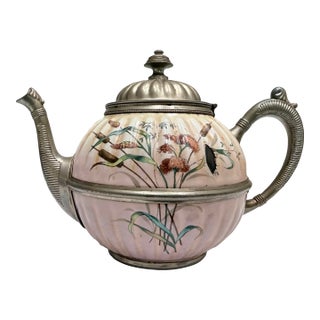 Pink Enamel and Pewter Teapot - Late 1800's For Sale