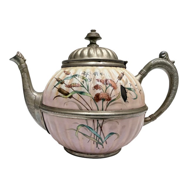 Pink Enamel and Pewter Teapot - Late 1800's For Sale