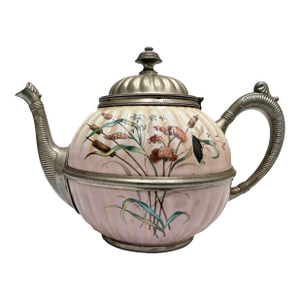 Pink Enamel and Pewter Teapot - Late 1800's