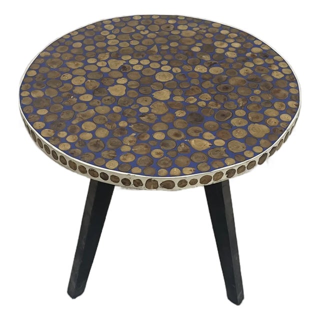 Handmade Round Side Table: Walnut Inlays, Resin Edge - Mid-Century Modern For Sale