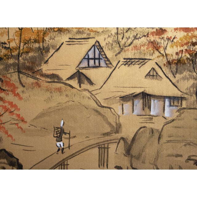 1960s Shōwa Era Japanese Silk Byobu Screen "Mountain Landscape With Houses" For Sale - Image 9 of 17