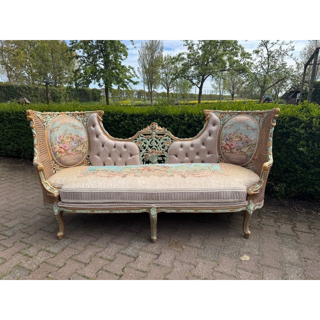 1940 French Louis XVI Pastel Cane Sofa Set - 5 Pc For Sale - Image 12 of 18