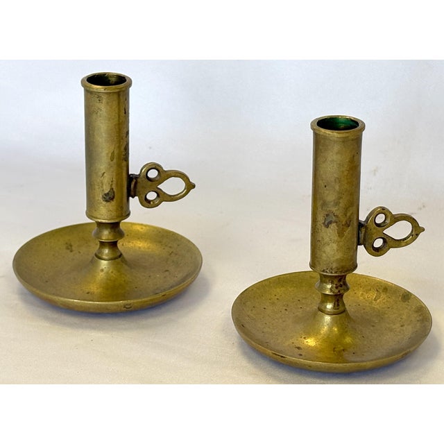 Signed Antique Brass Adjustable Height Push-Up Candleholders- A Pair For Sale - Image 10 of 10