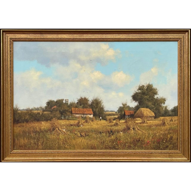 James Wright, Farm Scene with Haystacks in the English Countryside by Realist Landscape Artist, 1990 Circa For Sale - Image 13 of 13