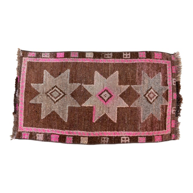 Vintage Mid Century Turkish Brown & Pink Rug For Sale