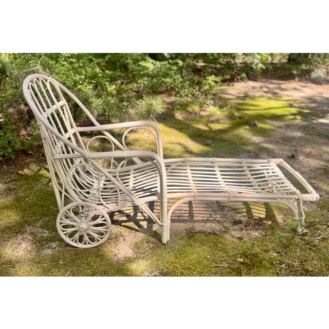 Boho Chic Bamboo Chaise Lounge 1950s White Patio Sunlounger For Sale - Image 3 of 6