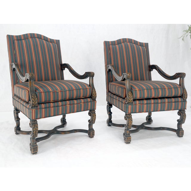 Pair of Carved Bases & Arms Striped Upholstery Fire Side Arm Lounge Chairs MINT! For Sale - Image 17 of 18