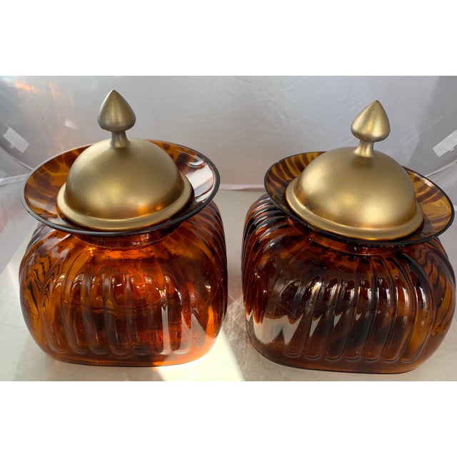 Vintage Fluted Amber Tortoise Pattern Glass And Pewter Lid Canister Jars A Pair Chairish