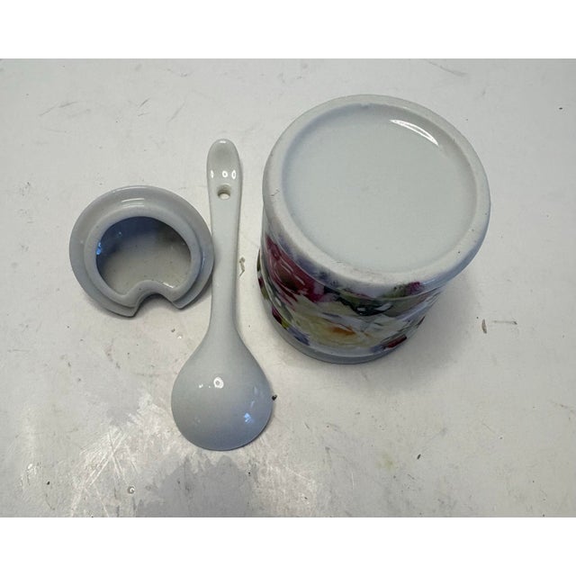 Ceramic Mid 20th Century Floral Porcelain Jam Pot With Matching Spoon For Sale - Image 7 of 9