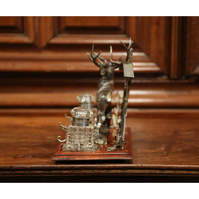 Silver Mid 20th Century French Spelter and Cut Glass Inkwell With Deer Sculpture For Sale - Image 8 of 10