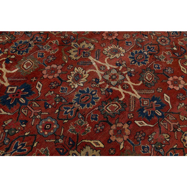 9 X 12 Vintage Mahal Wool Rug - Terracotta and Indigo Floral Medallion Motif For Sale - Image 9 of 10