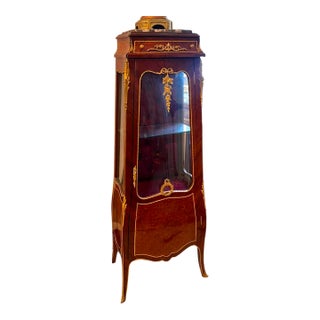 French Bombe Curio Cabinet With Floral Marquetry, Glass Doors & Ornate Gold Leaf Details For Sale