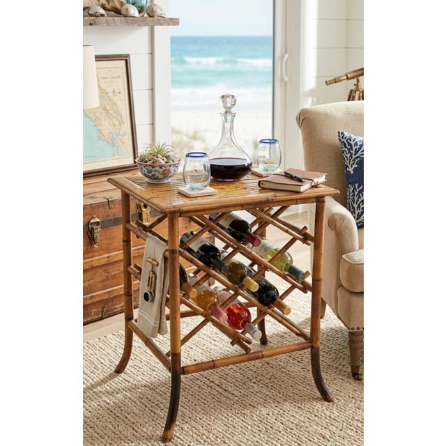 Wood Vintage Burnt Bamboo 7 Bottle Wine Rack Holder Side Table For Sale - Image 7 of 7